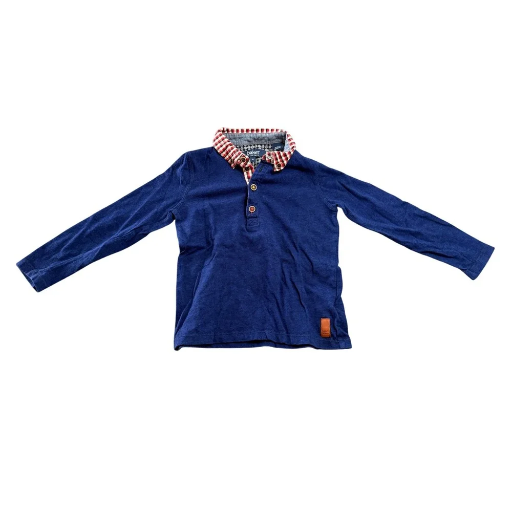Baker by Ted Baker Boys Navy Blue Gingham Collar Long Sleeve Polo Shirt Size 3Y